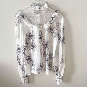 Giamba white purple floral ruffle sheer bell sleeve baby doll blouse M